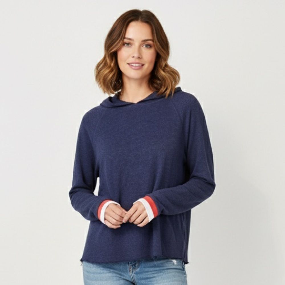 Sundry Navy Blue Distressed Crop Hoodie w/ Red & White Stripe Cuffs Size 0 | XS